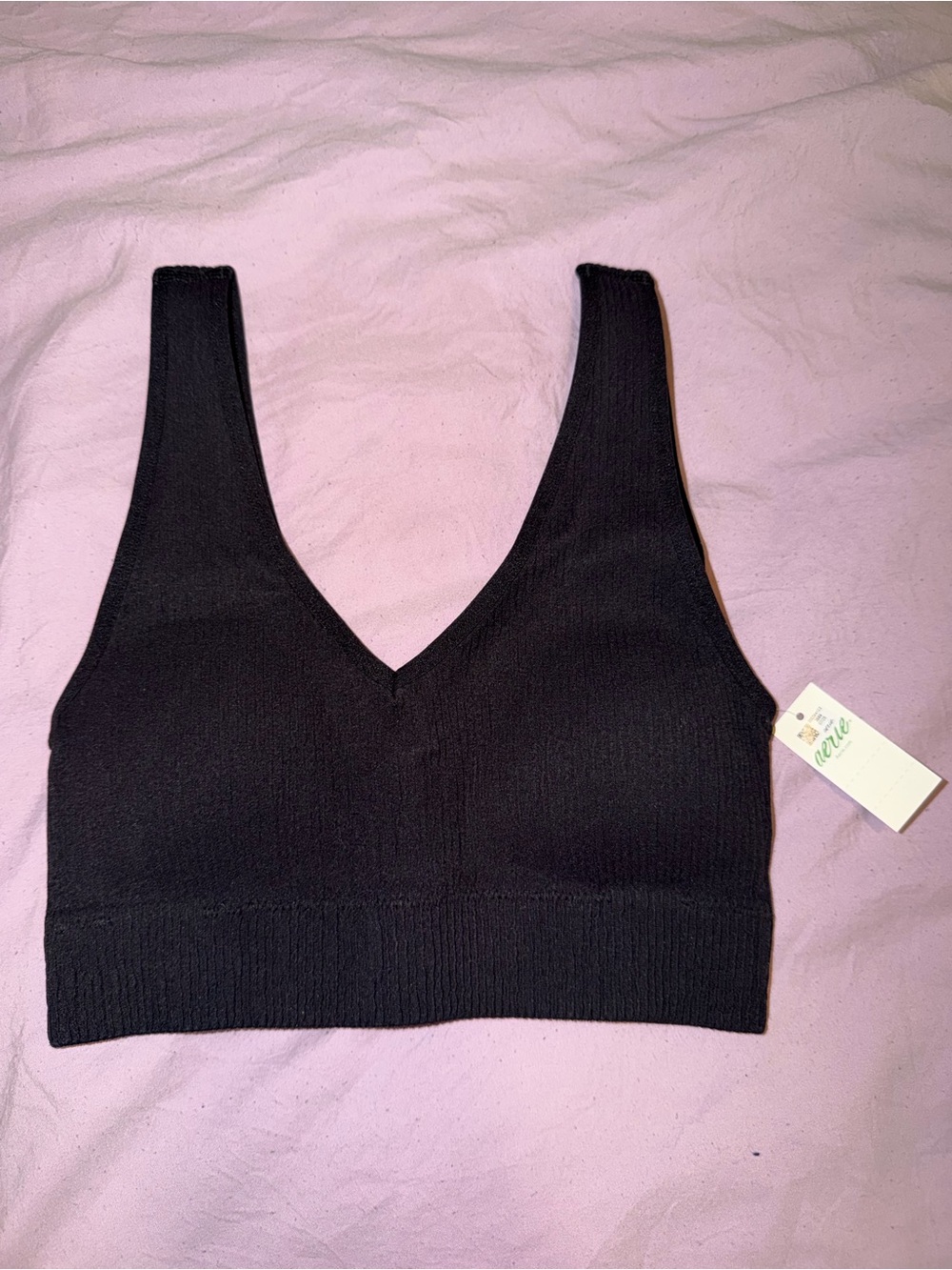 aerie Black V-Neck Seamless Knit Bralette - ribbed fabric